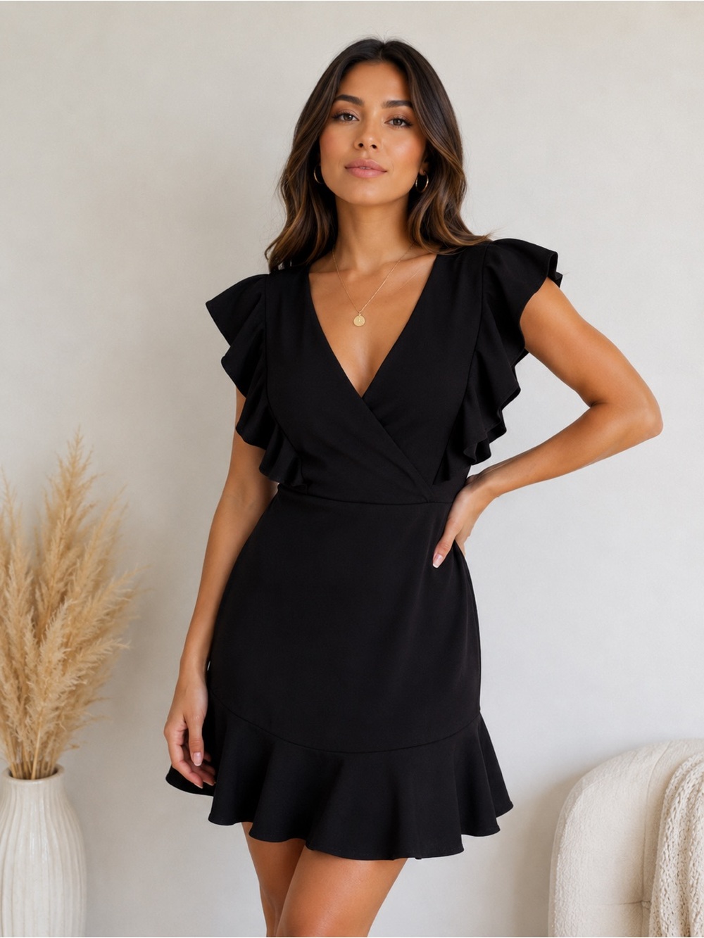 Altar’d State Black Ruffle Sleeve Wrap Mini Dress Women’s Size Small